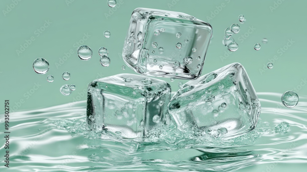Ice cubes fused with water and bubbles, with small bubbles rising around the cubes, symbolizing refreshment and hydration, ice fusion, bubbly water Ice cubes fused with water and bubbles, with small bubbles rising around the cubes, symbolizing refreshment and hydration, ice fusion, bubbly water