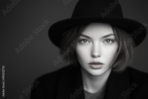 moody fashion portrait of woman in black hat and coat against dark background with soft dramatic lighting