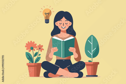 Illustration of a career woman sitting reading a book with a lamp as a symbol of ideas