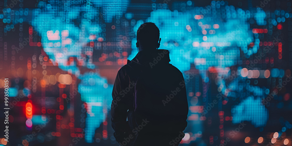Obraz premium Digital Horizon, technology innovation and future, man in front of world map with glow and flow of binary codes