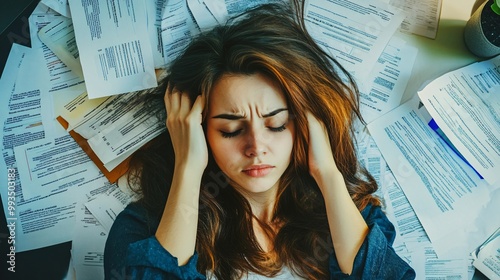 Overwhelmed Businesswoman Surrounded by Bills and Debt Notices, Financial Stress and Unpaid Expenses Concept photo