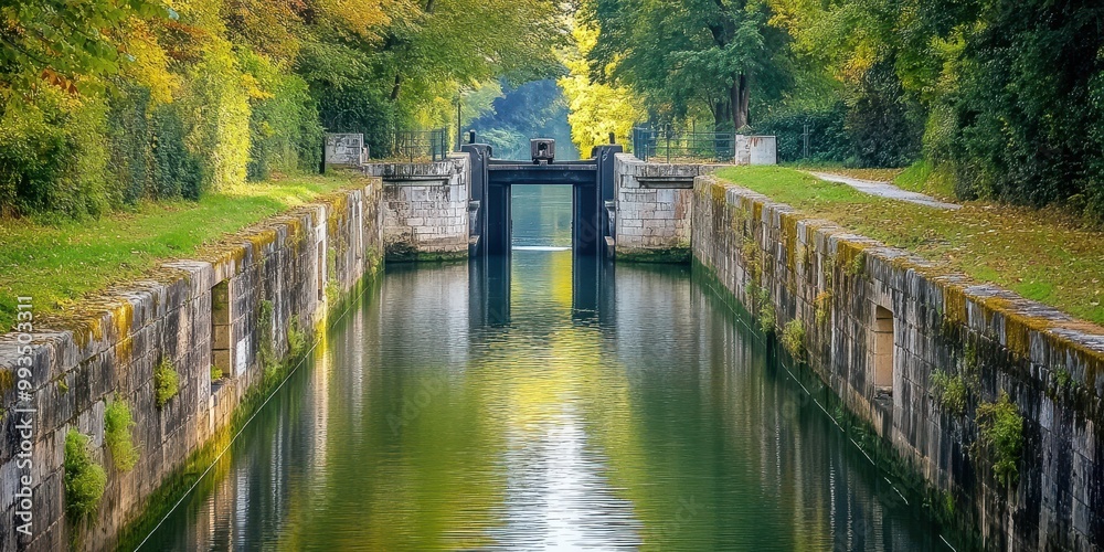 Naklejka premium A serene canal with lush greenery on both sides, perfect for showcasing nature and tranquility in a tranquil setting.