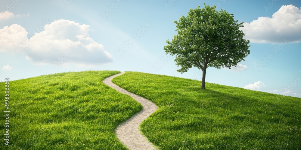 A serene landscape with a winding path leading through vibrant green grass under a clear blue sky and a lone tree. A serene landscape with a winding path leading through vibrant green grass under a clear blue sky and a lone tree.
