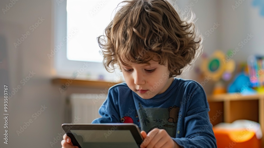 Young child focused on learning with a tablet indoors Young child focused on learning with a tablet indoors