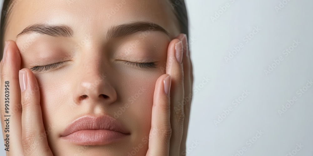 A serene young woman with closed eyes, embodying tranquility and relaxation through gentle facial care and mindfulness. A serene young woman with closed eyes, embodying tranquility and relaxation through gentle facial care and mindfulness.
