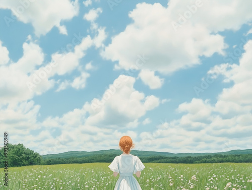 girl with redhair standing in meadow under blue summer sky with clouds
