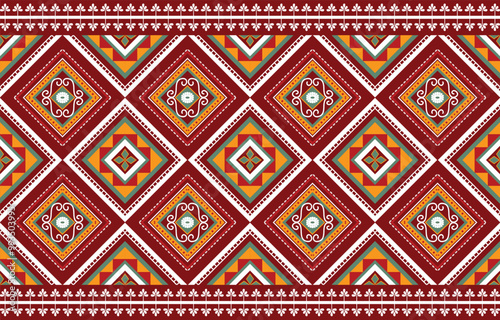 Wallpaper Mural African Geometric Ethnic Pattern.
This design features geometric patterns in rich red, orange, green, and white, with intricate details and floral borders.
Design for textiles,fabric,clothing Torontodigital.ca