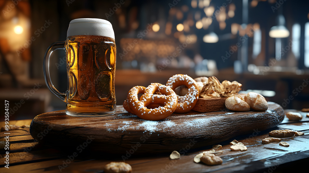 A large stein of beer with pretzels and other snacks on a wooden board in a dimly lit bar.