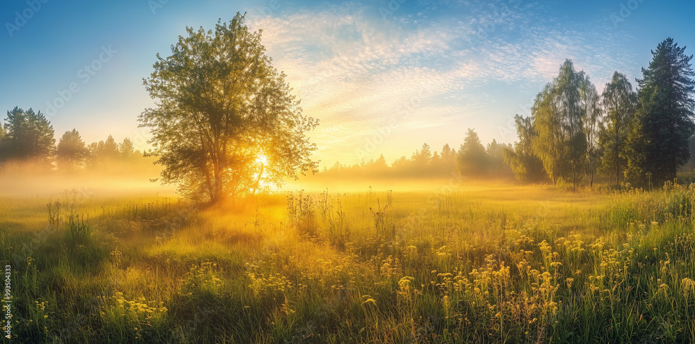 Sunrise Over Misty Meadow with Solitary Tree in Northern Europe Sunrise Over Misty Meadow with Solitary Tree in Northern Europe