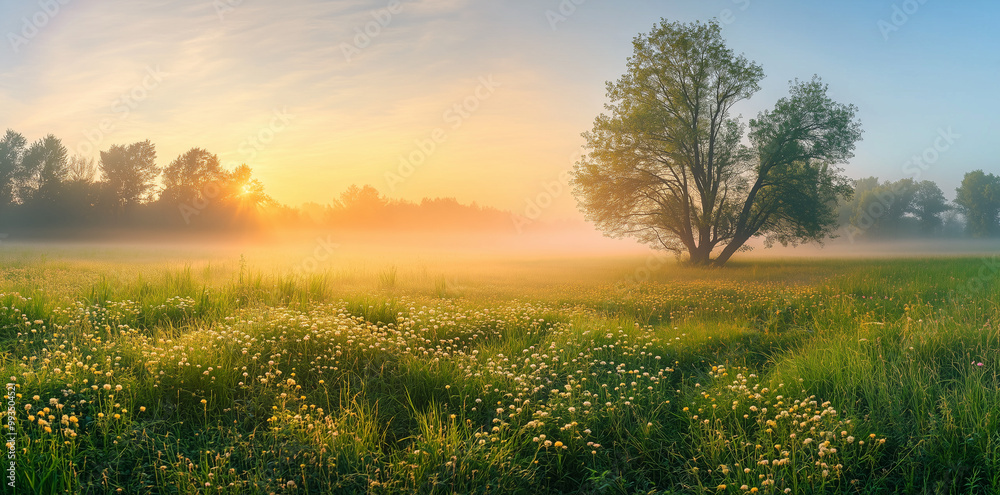 Obraz premium Serene Sunrise Over Meadow with Yellow Flowers and Lone Tree