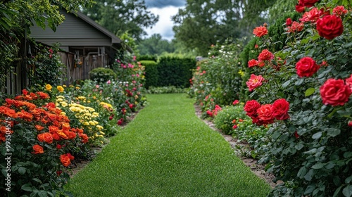 Lush Green Garden Path Flanked by Colorful Rose Bushes