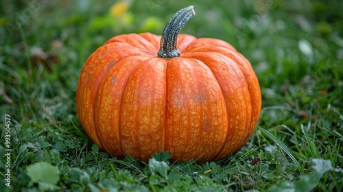 A Single Orange Pumpkin Resting in Green Grass