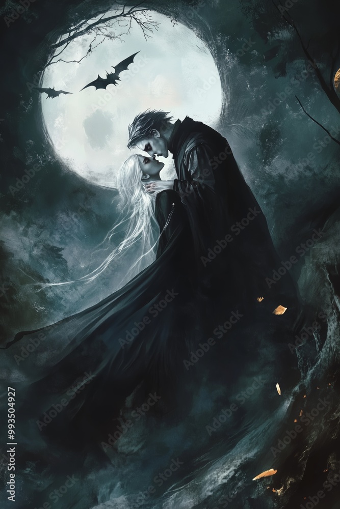 A romantic embrace under a full moon with bats in a dark, enchanting landscape A romantic embrace under a full moon with bats in a dark, enchanting landscape