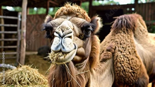 A Bactrian camel chewing hay inside a farm enclosure, showcasing its two humps and distinctive facial features in a rustic environment. photo