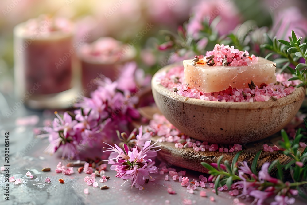 Spa and Wellness with Pink Salt and Floral Arrangement - Tranquility and Relaxation Design for Poster and Card Spa and Wellness with Pink Salt and Floral Arrangement - Tranquility and Relaxation Design for Poster and Card