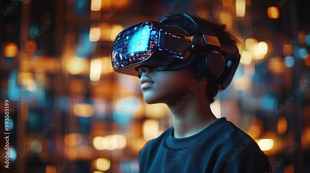 School student with VR headset using AI artificial intelligence technology & machine learning.Interactive technology in classroom. Innovation & smart tech. AI blue holographic in education School student with VR headset using AI artificial intelligence technology & machine learning.Interactive technology in classroom. Innovation & smart tech. AI blue holographic in education