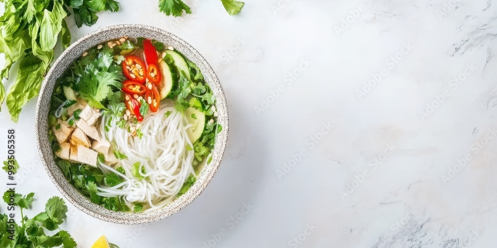 A vibrant bowl of pho with fresh herbs, noodles, and colorful toppings, perfect for showcasing delicious Asian cuisine. A vibrant bowl of pho with fresh herbs, noodles, and colorful toppings, perfect for showcasing delicious Asian cuisine.