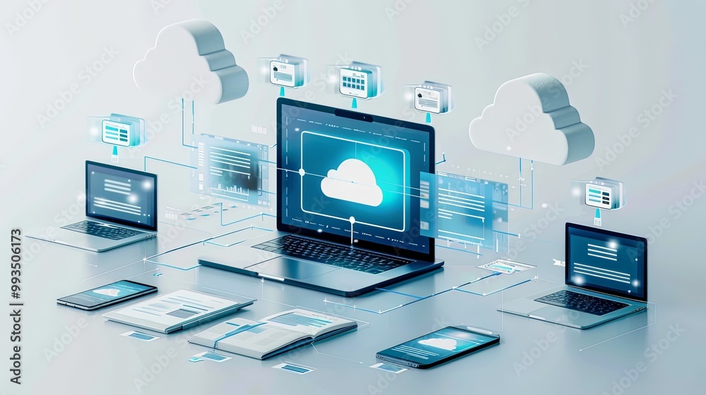 Depiction of cloud technology integration across various devices like laptops, desktops, and smartphones, highlighting seamless connectivity and real-time data access in a digital ecosystem. Depiction of cloud technology integration across various devices like laptops, desktops, and smartphones, highlighting seamless connectivity and real-time data access in a digital ecosystem.