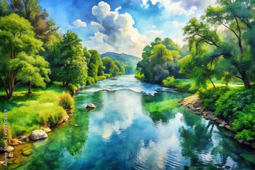 Serene Watercolor Painting of a Tranquil River Flowing Through Lush Greenery and Vibrant Nature Serene Watercolor Painting of a Tranquil River Flowing Through Lush Greenery and Vibrant Nature