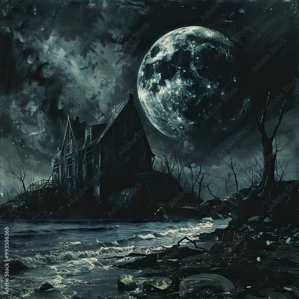 Fototapeta premium A hunted house and dark environment with a large moon in the sky, Halloween elements, Happy Halloween