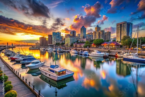 Serene waterfront view of an embarcadero with boats and picturesque skyline during sunset hours