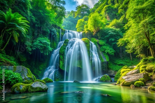 Serene Waterfall in a Lush Green Forest for Stunning Computer Wallpaper Backgrounds and Decor