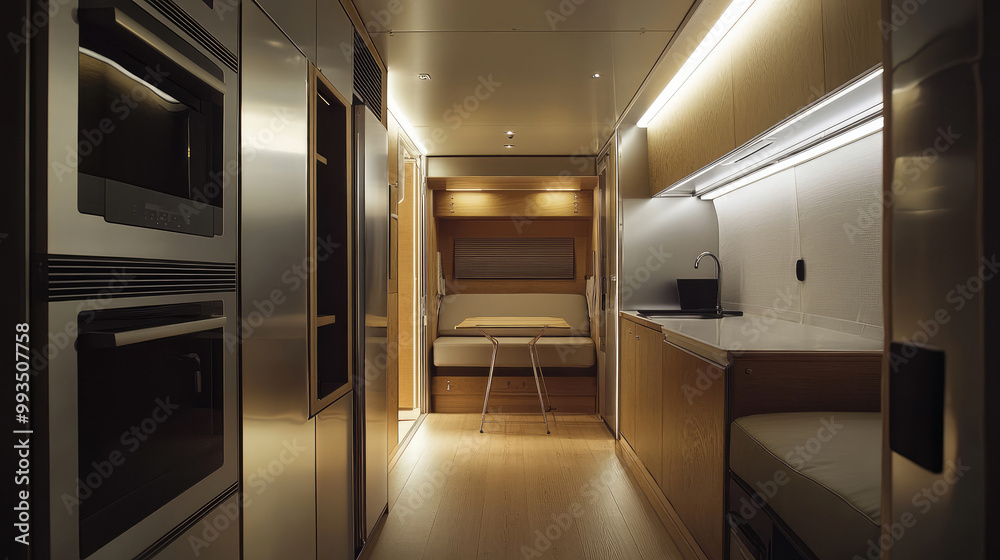Modern tiny house interior with compact, space-saving furniture and smart storage solutions, emphasizing the trend of reducing living space Modern tiny house interior with compact, space-saving furniture and smart storage solutions, emphasizing the trend of reducing living space