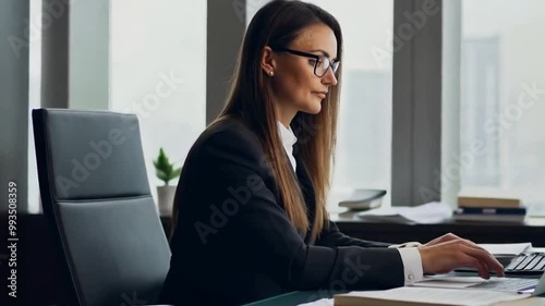 Businessman at a corporate office desk using a laptop for communication and planning. Lawyer analyzing client portfolios and legal cases online at the firm.
