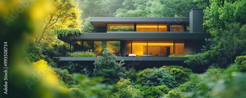 Tilted angle view of a sleek, solar-powered home with lush greenery, blending high-tech and nature harmoniously