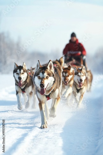 Experience the Thrill of Dog Sledding: A Winter Adventure with Huskies in the Snow photo