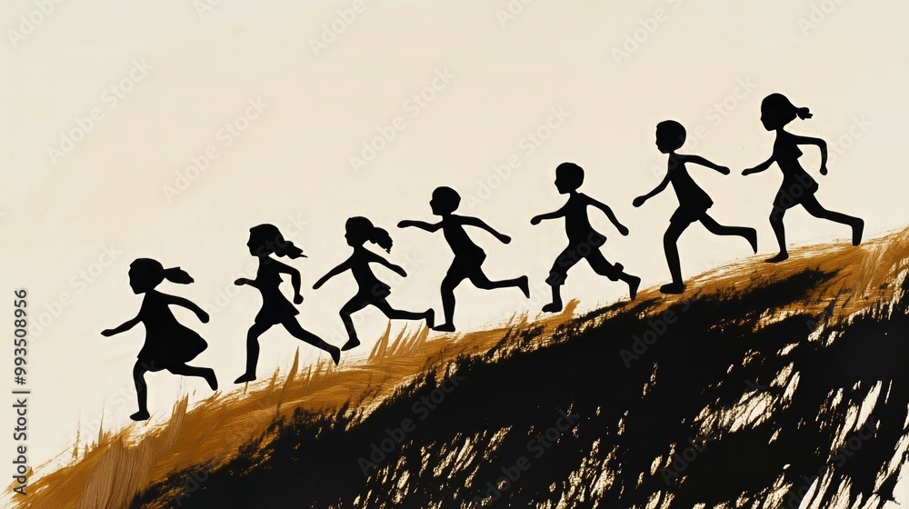 An expressive ink illustration featuring seven silhouetted children energetically running up a hill. The simple yet evocative style captures the essence of childhood play and movement. An expressive ink illustration featuring seven silhouetted children energetically running up a hill. The simple yet evocative style captures the essence of childhood play and movement.