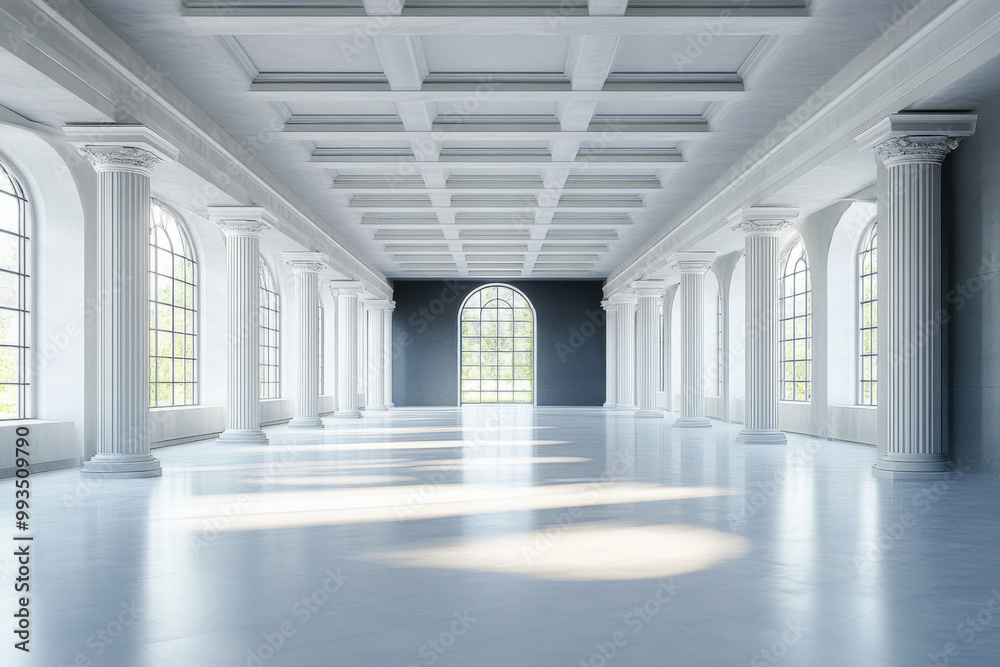 Spacious empty interior with columns and windows. 3D Rendering Spacious empty interior with columns and windows. 3D Rendering