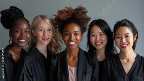 Posing together in black outfits, these women showcase their joyful expressions against a neutral background, highlighting unity, elegance, and a positive demeanor.