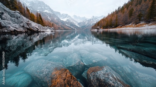 Fototapeta Naklejka Na Ścianę i Meble -  Alpine Serenity, a tranquil alpine lake reflecting pine forests and rocky shores, with distant snow-capped mountains creating a picturesque and peaceful natural landscape.