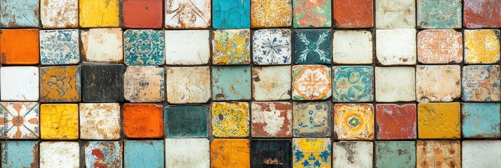 Mosaic tile texture with vibrant, mismatched patterns and worn, faded colors