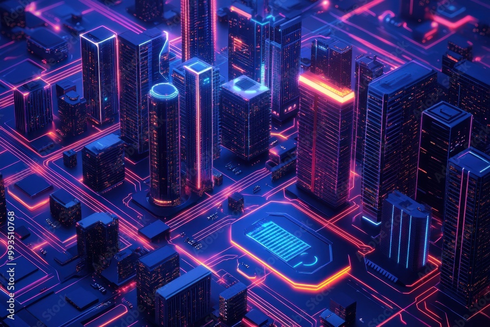 Fototapeta premium Futuristic Cityscape with Neon Lights and Circuitry