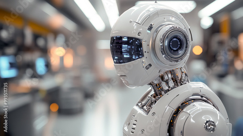 A sleek, futuristic robot in a high-tech laboratory environment, highlighting advanced robotics and artificial intelligence in modern technology..