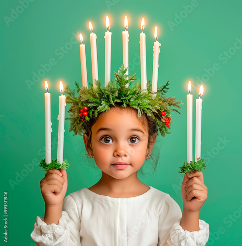 A photo of a surprised little girl with dark hair dressed as Saint Lucia, with a green wreath on her head, in a white dress with a red belt and holding candles in her hands. Green pastel background.