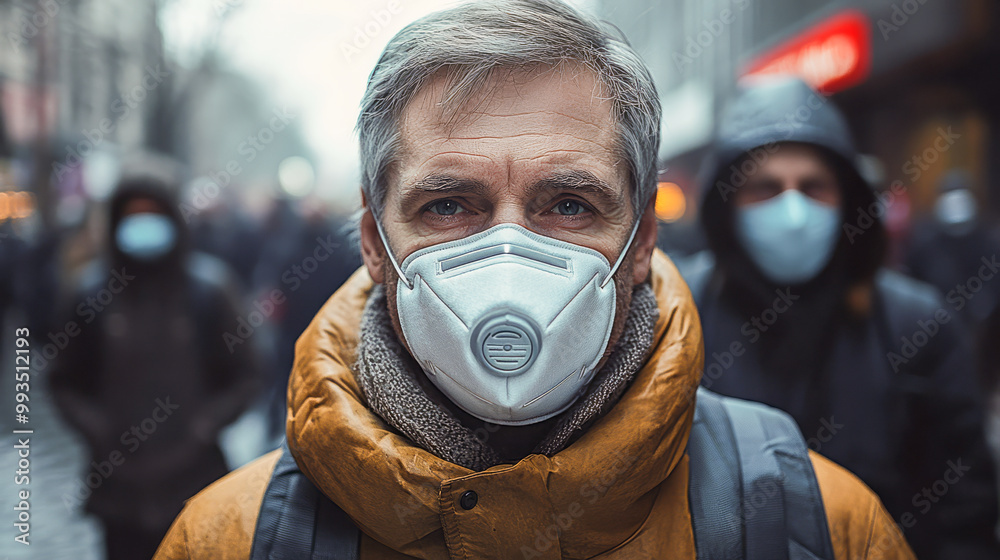 A young man wearing a face mask looks at the camera with striking eyes, standing in a crowded urban street, symbolizing health, protection, and pandemic awareness..