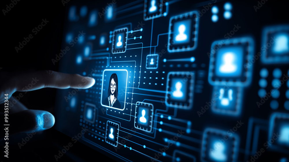 Digital Network with Hand Selecting Female Profile Digital Network with Hand Selecting Female Profile