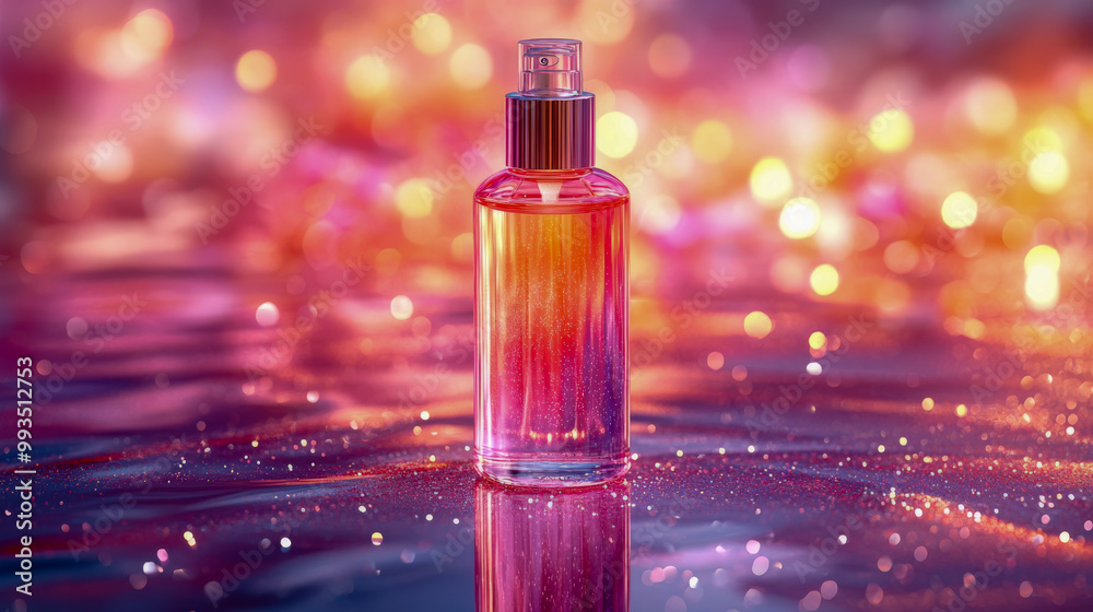 A shimmering perfume bottle surrounded by sparkling bokeh lights, set against a vibrant and dreamy abstract background... A shimmering perfume bottle surrounded by sparkling bokeh lights, set against a vibrant and dreamy abstract background...