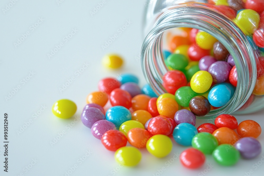 A jar of vibrant candy spilling onto a bright white table, representing bursts of joy, energy, and vivid imagination. A jar of vibrant candy spilling onto a bright white table, representing bursts of joy, energy, and vivid imagination.