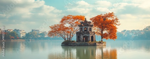 Turtle Tower, Hoan Kiem Lake The ancient Turtle Tower sitting peacefully on an island in the middle of Hoan Kiem Lake photo