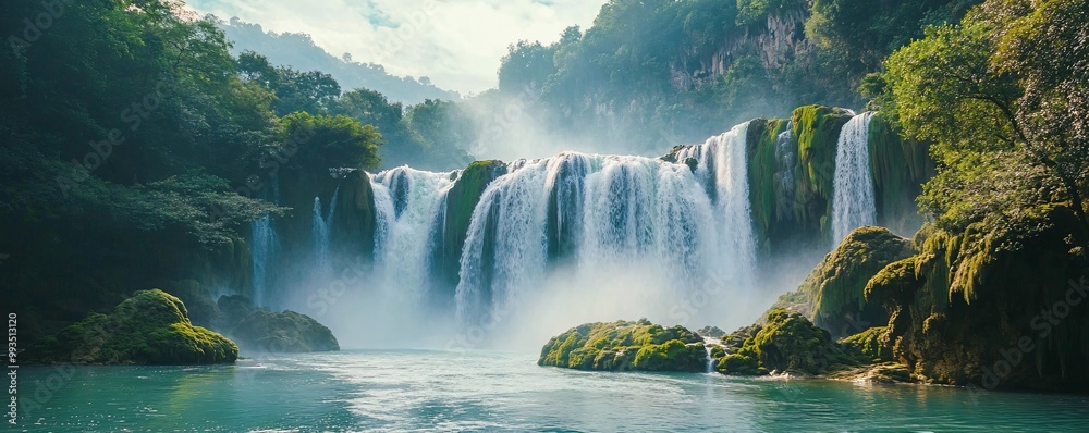 Naklejka premium Ban Gioc Waterfall A majestic waterfall cascading down limestone cliffs, surrounded by lush greenery