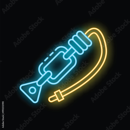 Glowing neon line rescue medium belay descender icon isolated on black background. Climbing equipment. Colorful outline concept. Vector illustration