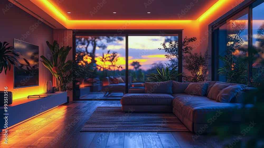 A stylish, modern living room with warm neon lighting, large glass windows, and a view of the sunset over a tranquil outdoor space.. A stylish, modern living room with warm neon lighting, large glass windows, and a view of the sunset over a tranquil outdoor space..