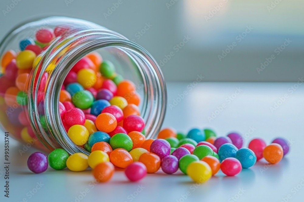 A jar of vibrant candy spilling onto a bright white table, representing bursts of joy, energy, and vivid imagination. A jar of vibrant candy spilling onto a bright white table, representing bursts of joy, energy, and vivid imagination.