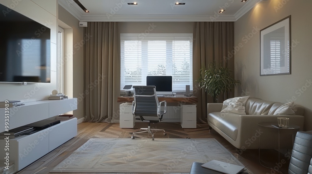 Stylish Minimalistic Home Office Setup in Comfortable Living Room Ambiance Stylish Minimalistic Home Office Setup in Comfortable Living Room Ambiance