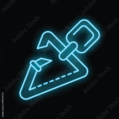 Blue neon icon of an ascender device for climbing and rappelling, glowing on a dark background