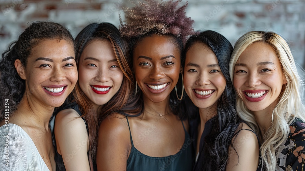 Five women with vibrant smiles gathered in an urban setting, conveying happiness and community, framed by a modern cityscape and bright atmosphere. Five women with vibrant smiles gathered in an urban setting, conveying happiness and community, framed by a modern cityscape and bright atmosphere.